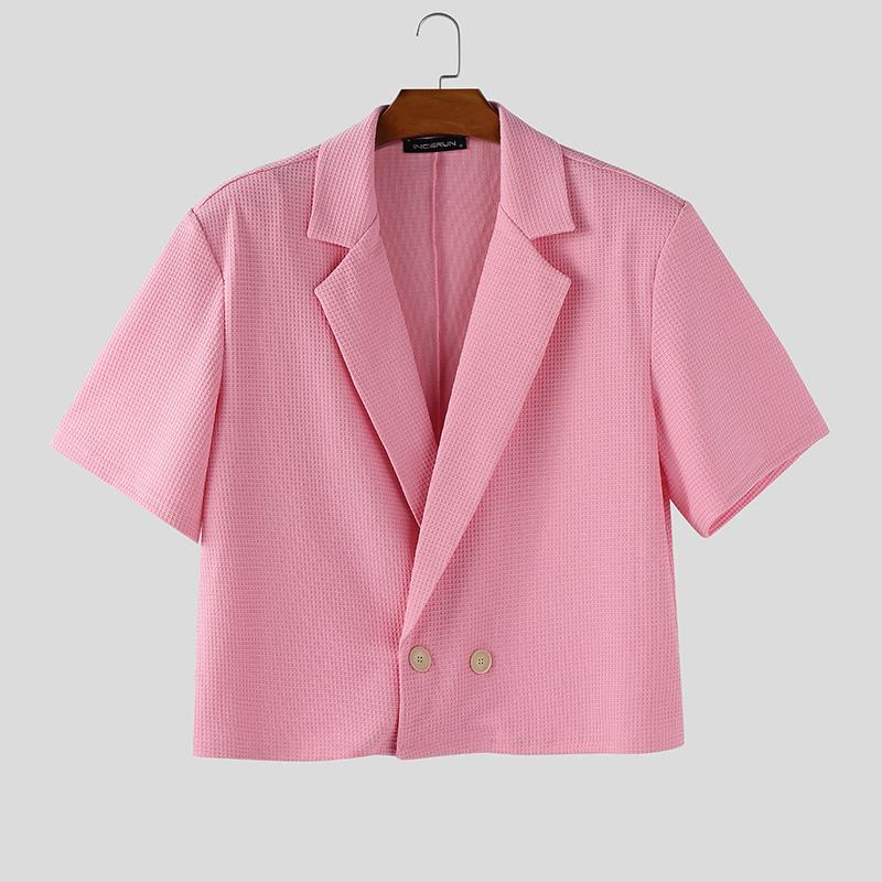 INCERUN Oversized Men Lapel Short Sleeve Casual Thin Texture Cropped Blazer Tops