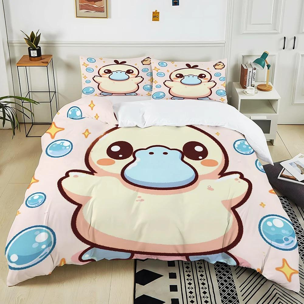Ensemble de literie imprimé 3D Psyduck Dessin Animé Housse de couette Taies d'oreiller Enfants Simple Double Grande Taille