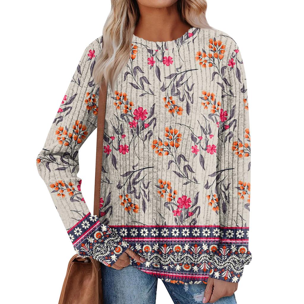 Women's Winter Color-Block Printed Lightweight Brushed-Cotton Round Neck Top