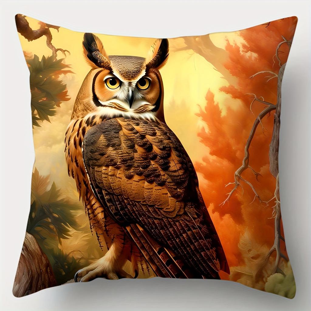 4Pcs Realistic Owl Pillow Covers, Autumn Forest Sunset Decorative Throw Pillow Cases, Nature Home Decor Double-Sided Printed