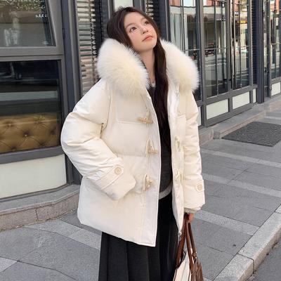 Jachetă matlasată de iarnă nouă, groasă, lungime medie și lungă, versiune coreeană, largă, cu guler mare de blană