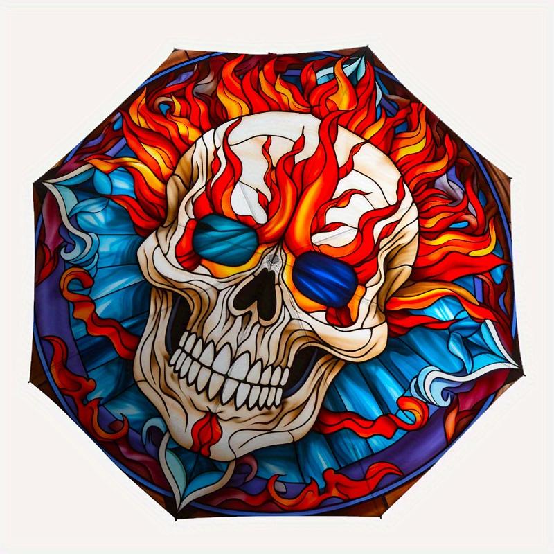 Flammender Totenkopf Buntglas WandkunstRegenschirm, Tragbarer 3-fach Kompakter Regenschirm, Weihnachtsgeschenk ES655