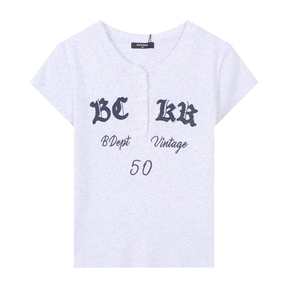 Burkeru Women S Ribbed Applique Henley Neck Short Sleeve T-Shirt Melange Grey Melange Grey_Xs