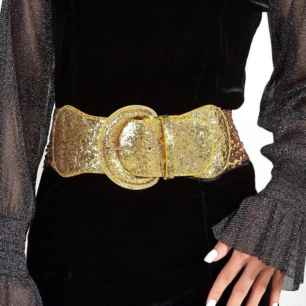 Fashionable Metal Waist Belt With Alloy Buckle For Women's Suit Wide Elastic Belt