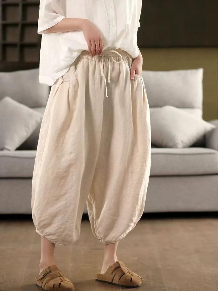 Johnature Women Harem Pants Elastic Waist Pockets Belt Trousers Summer Solid Color Loose Female Calf Length Pants