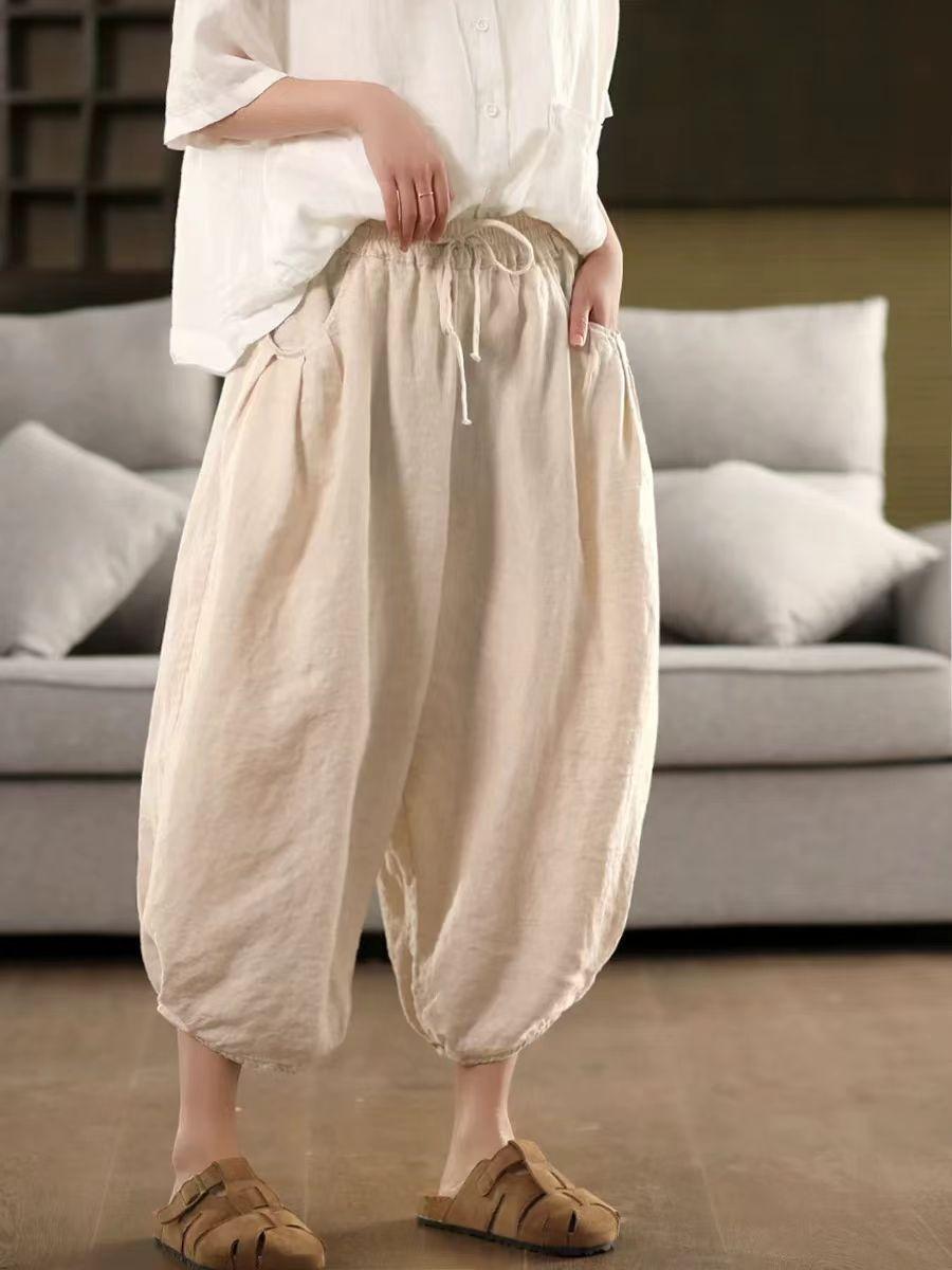 

Johnature Женские брюки гаремы Эластичная талия Карманы Пояс Брюки Летние Однотонные Свободные Женские Брюки до икры XL бежевый