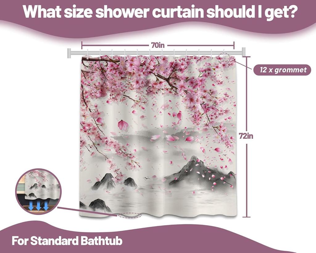 Cherry Blossom Shower Curtain Japanese Pink and Chinese Mountain Anime Bathroom Decor, Waterproof Cloth Fabric with Hooks