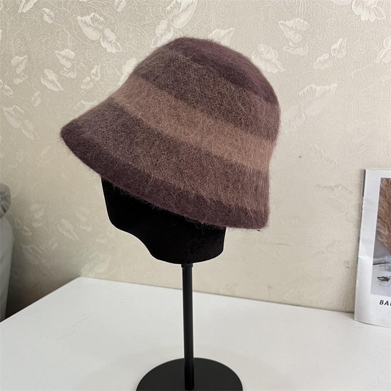 Contrasting Color Rolled Brim Wool Bucket Hat Women's Autumn and Winter Temperament Elegant Warm Basin Hat Versatile Velvet Wool Hat