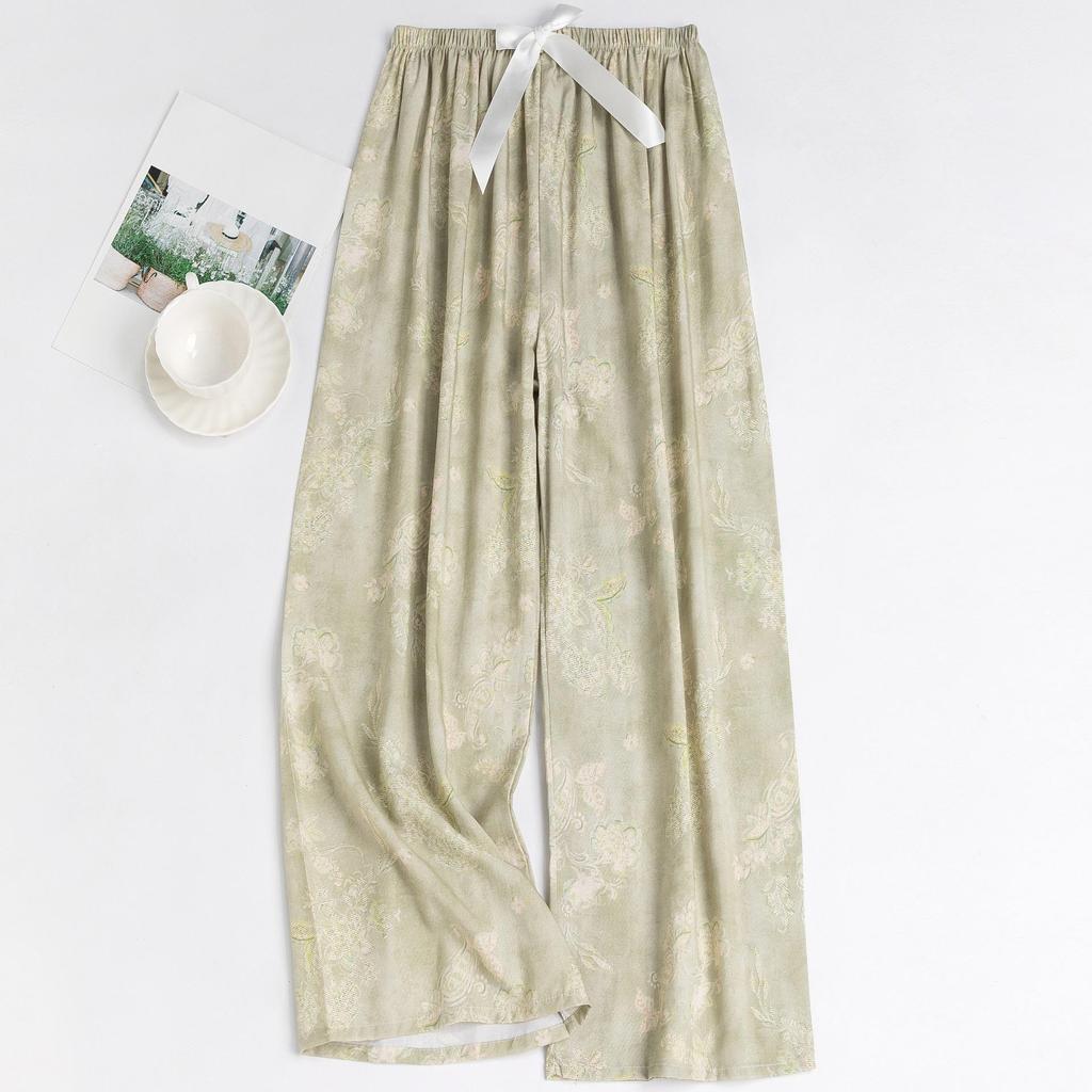 Women's Floral Cotton Silk Pajama Pants, Mosquito Repellent, Outdoor & Home Wear, Plus Size, Lightweight Summer Style.