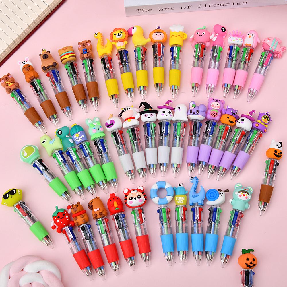 Mini Four-Color Cartoon Animal Ballpoint Pen - Cute Clickable Beads, Ideal for Students and Gifts Cartoon Mixed Series Four-Color Pen