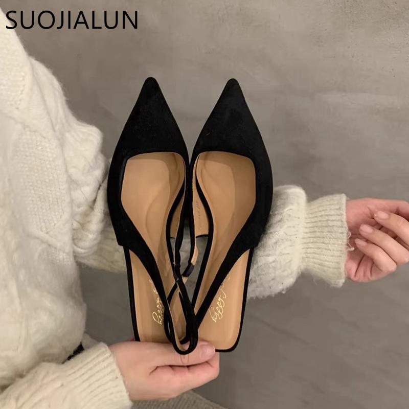Fashion SUOJIALUN 2024 Spring New Women Sandal Fashion Pointed Toe Shallow Slip On Dress Mules Shoes Thin Low Heel Slingback Sandal