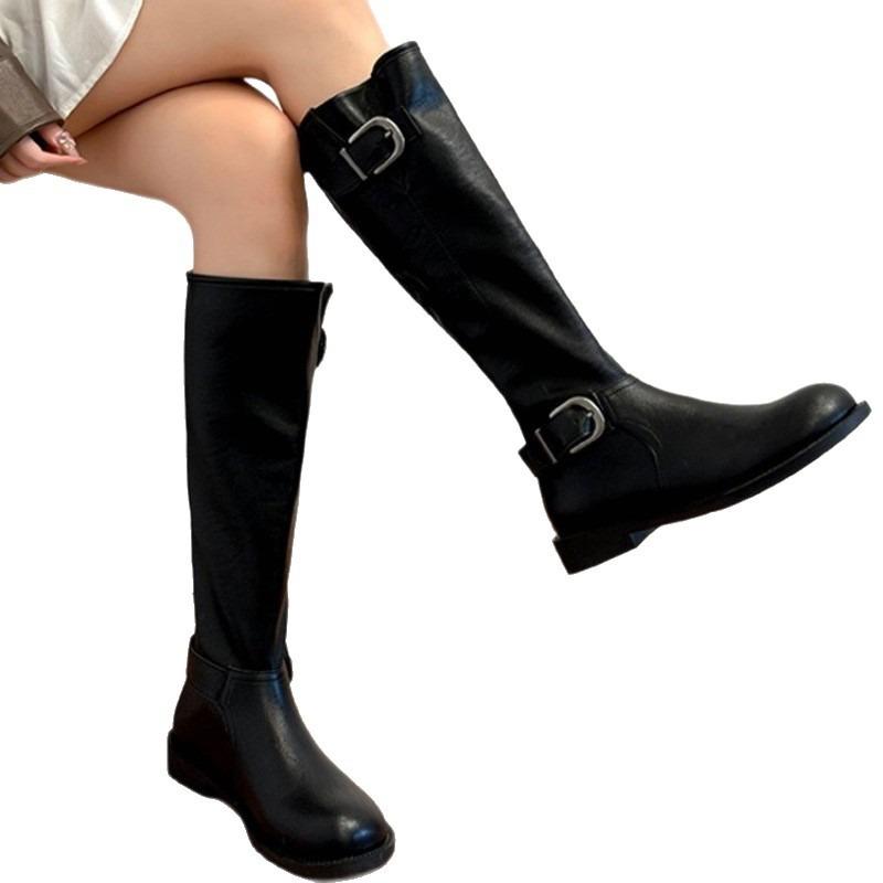 Cowhide version~ Leather thick-soled belt buckle medium boots stacking boots knight boots women's round head boots