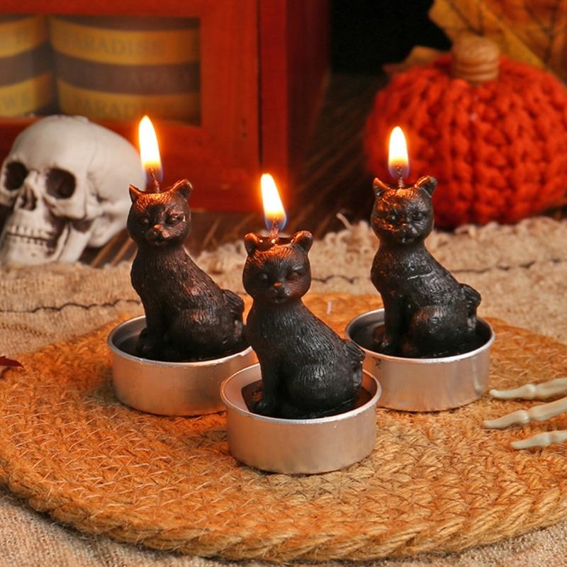 Set of 3 Halloween Themed Candle Ornaments Funny Black Cats Skull Pumpkin Witches Shape Candle for Home and Party Decors
