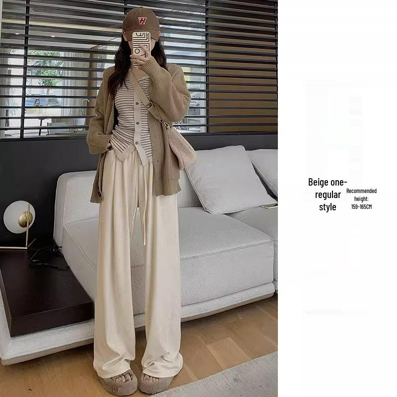 Petite Women's High-Waisted Apricot Knitted Pants - Wide-Leg, Drapey, Soft, Spring/Autumn, Fits 150cm.