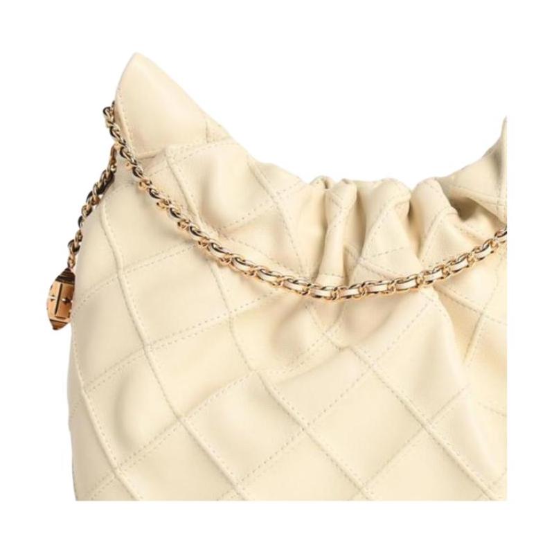 TORY BURCH Fleming Embossed Diamond Double Chain Handle Sheepskin Shoulder Bag Mini Women Cream 162451-252
