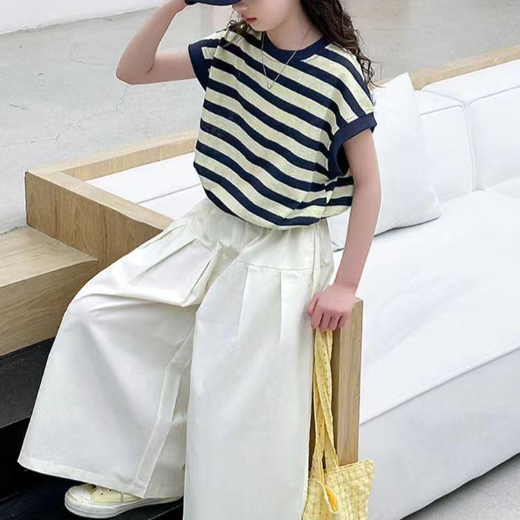 Summer Girls Clothes Child Set Sleeveless Suit Teen Striped T Shirt Crop Top +wide Leg Loose Pants