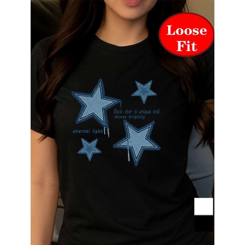 European Size Women's Plus Size Short Sleeve Round Neck T-Shirt - Star Print Blouse, -Line Casual Summer Top with Short Sleeves