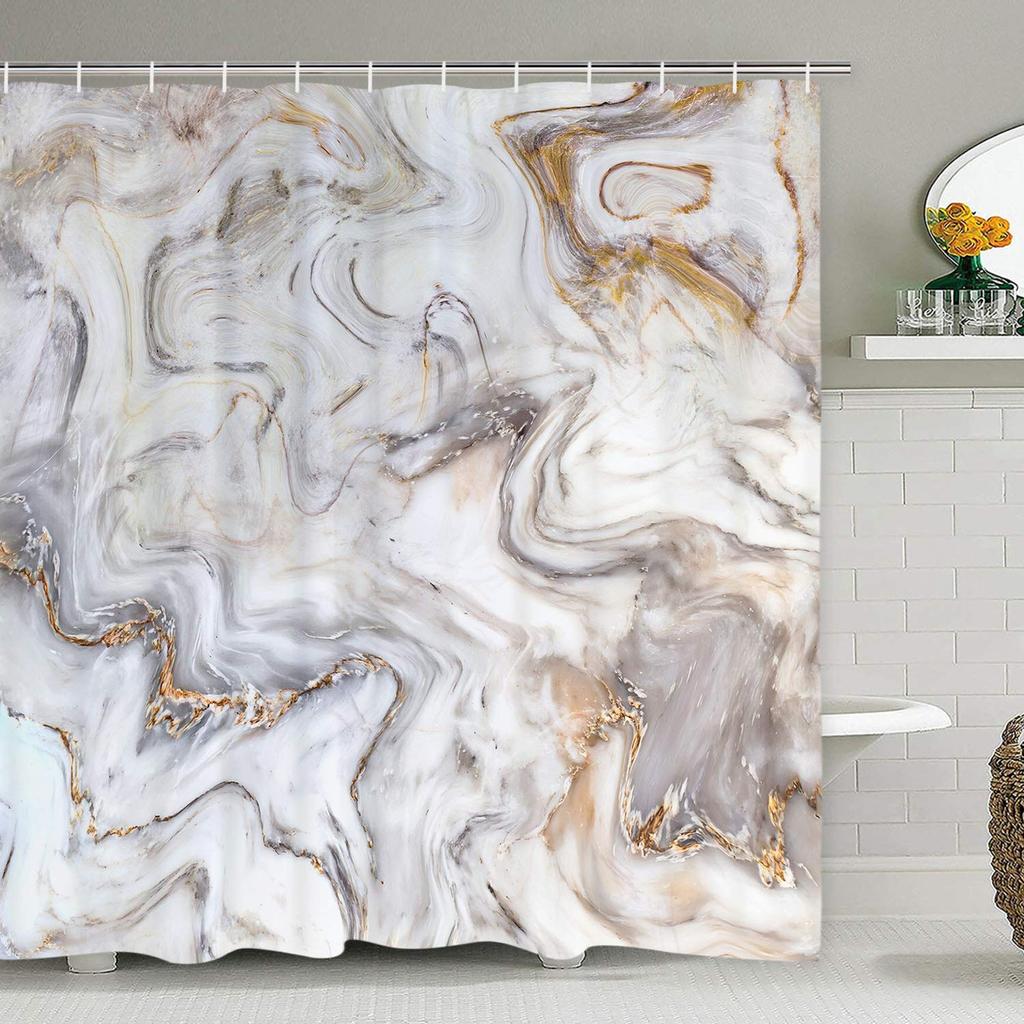 Grey Gold Marble Ink Texture Shower Curtain Set Abstract Modern Shower Curtain for Bathroom Decor Waterproof Washable Fabric