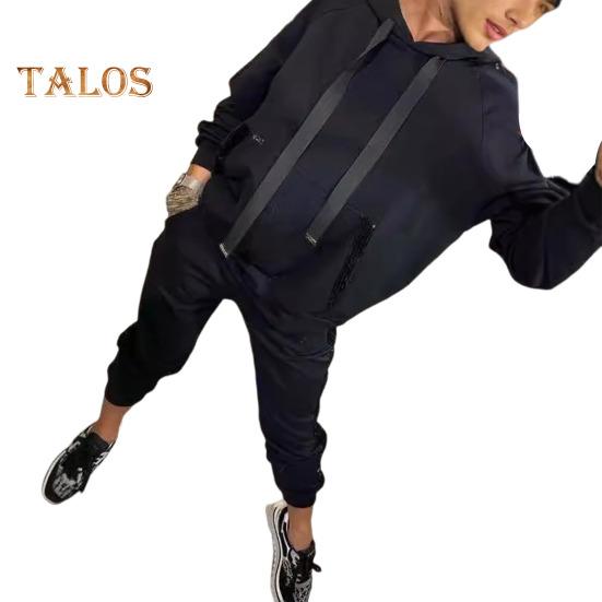 

2 шт./комплект женский костюм с капюшоном и брюками с длинными рукавами и карманом с пайетками однотонный топ с эластичной резинкой на талии брюки повседневная одежда спортивный наряд осень весна XXXL чёрный