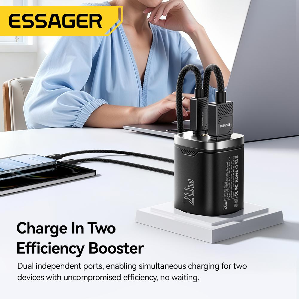 Essager GaN 20W USB Type C Charger Digital Display PD Fast Charging QC 3.0 Quick Charger For iPhone 16 15 14 Pro iPad Charging