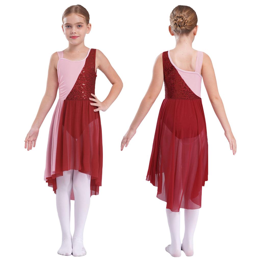 Kids Girls Contrast Color Stylish Sleeveless Round Neckline Shiny Sequins Decorated Irregular Hem Dance Dress