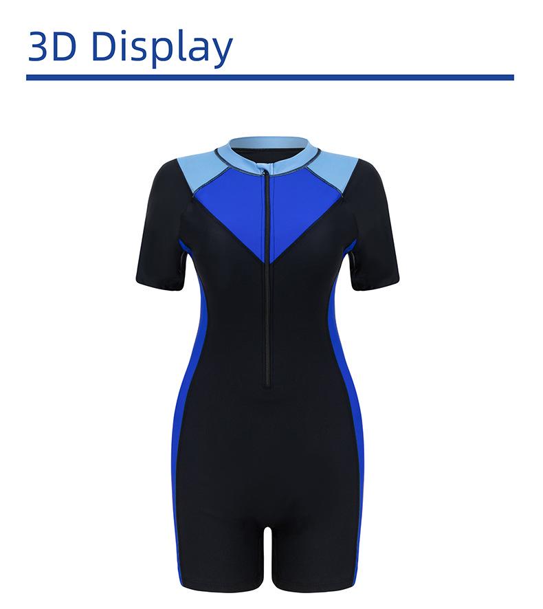 2026 Women's Short Sleeve Color Block Zipper Surfing Swimsuit - European & American Slimming Wetsuit