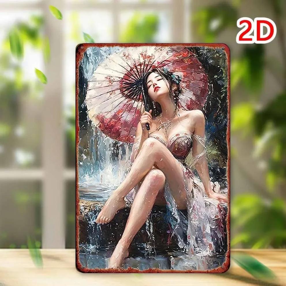 Red Umbrella Woman Tin Painting Wall Art - Vintage Rain Decor for Bedroom Bar Garden Outdoor