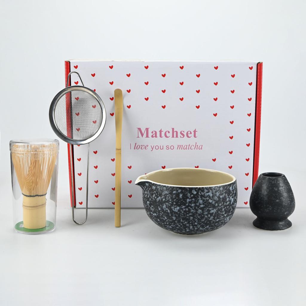 Zestaw do Matcha - Miseczka do Matcha i Bambusowa Mioteczka do Matcha, Sitko do Herbaty, Łyżeczka, Łyżeczka, Sitko, Podstawka pod Mioteczkę, Zestaw do Przygotowywania Matcha Dla