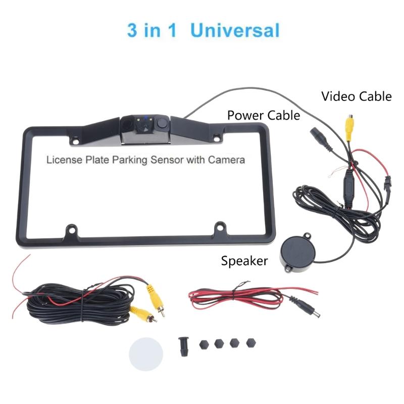 License Plate Frame Monitor Parking Sensor Radars Rearview Backup Camera 3 in 1