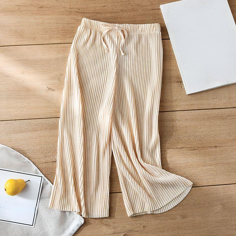 Pleated Wide Leg Pants Girls Summer Loose Slacks Knitted Chiffon Cropped Pants