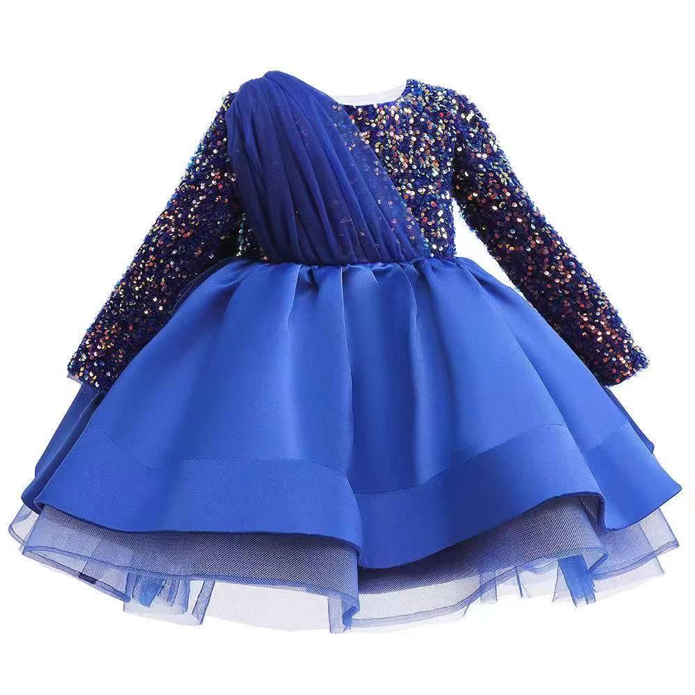 European & American Cross-Border Girls' Sequined Princess Long-Sleeve Evening Dress for Age 1