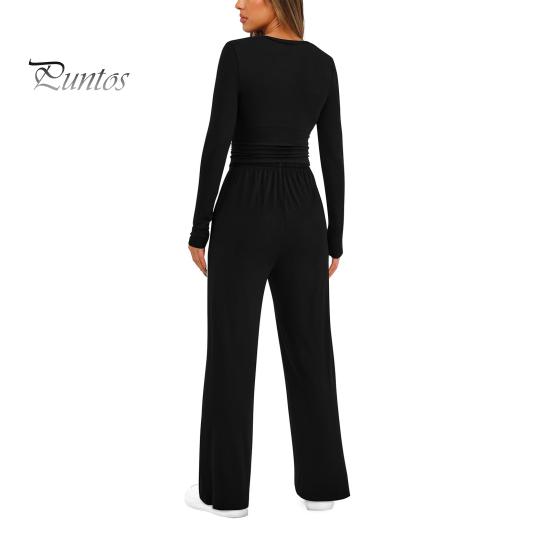 Long Sleeve Top Women Pants Set for Spring Fall, Slim Fit Crewneck Sweatshirt, Two Piece Sets Elastic Waist Loose Wide Leg Pants, Solid Color