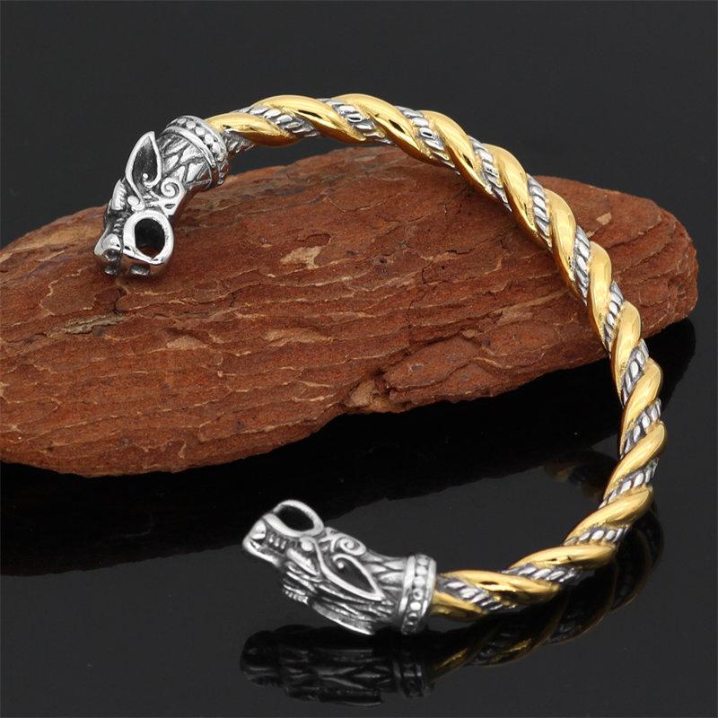 Viking Double Wolf Head Open Gold Silver Solid Bracelet Fashion Gifts Punk Adjustable Bracelets