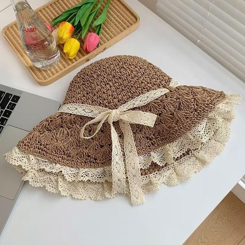 Hat Women's Spring and Summer Versatile Big Brim Straw Hat Summer Seaside Bucket Hat Face Small Sunscreen Hat Sun Hat