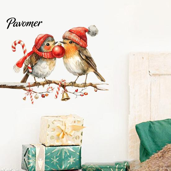 Seasonal Home Decorations Christmas Birds on Tree Branch Wall Sticker, Cute Watercolor Bird Decal Festive Balcony Glass Decor with Ball, Candy