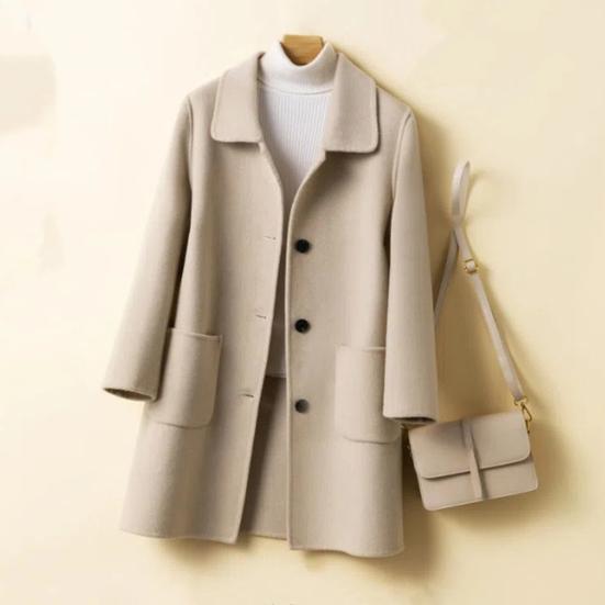 Women Winter Coat Formal Business Style Turn-down Collar Single-breasted Mid Length Overcoat OL Commuting Jacket Solid Color Thick Outerwear