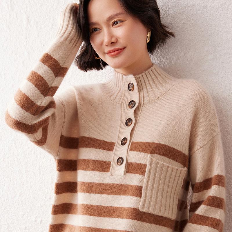 Lekasha Cashmere Striped Knit Sweater - Versatile, Skin-Friendly, Loose Fit for Autumn/Winter