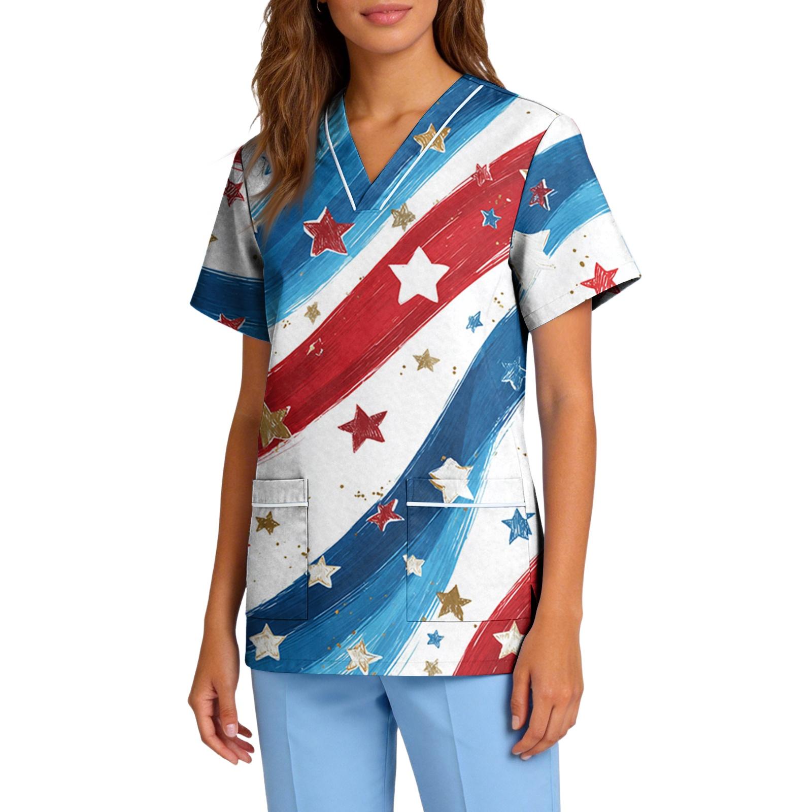 

Womens Stretchy Quick Dry V Neck Pocket Short Sleeve Top with 250 Years Print for Healthcare Work Uniforms Scrub Tops M красный