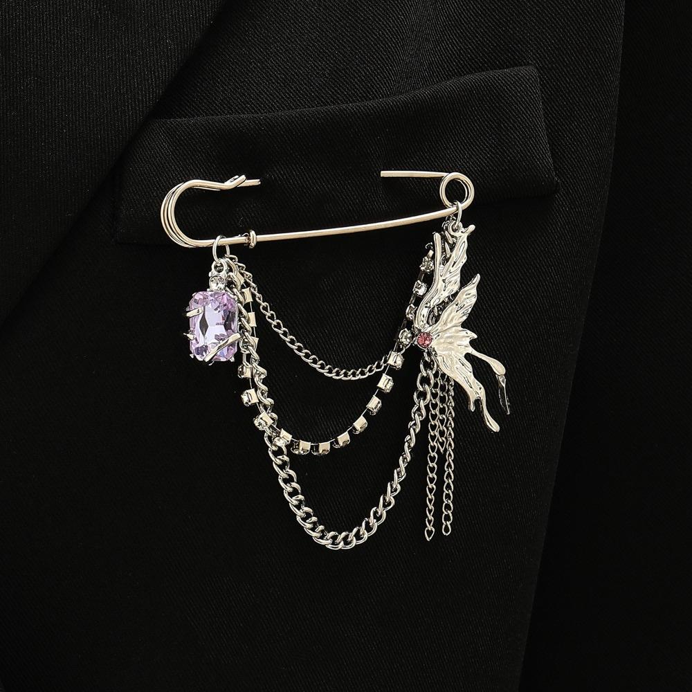 Metal Chain Tassel Chain Pin Butterfly Design Lapel Pin Chain Pendant Brooches Wedding Party