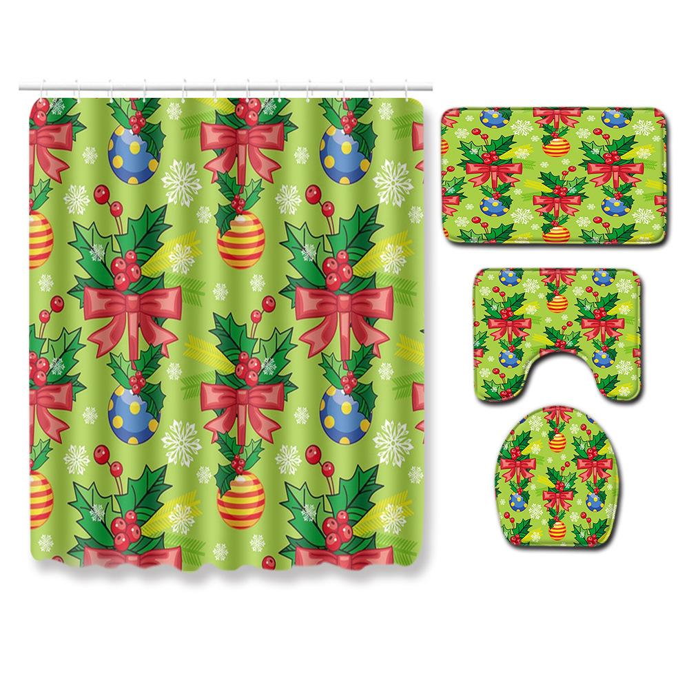 Christmas Waterproof Shower Curtain Floor Mat Four-Piece Set, Bathroom Water-Absorbing Non-Slip Door Mat, Shower Room Water-Absorbing Carpet