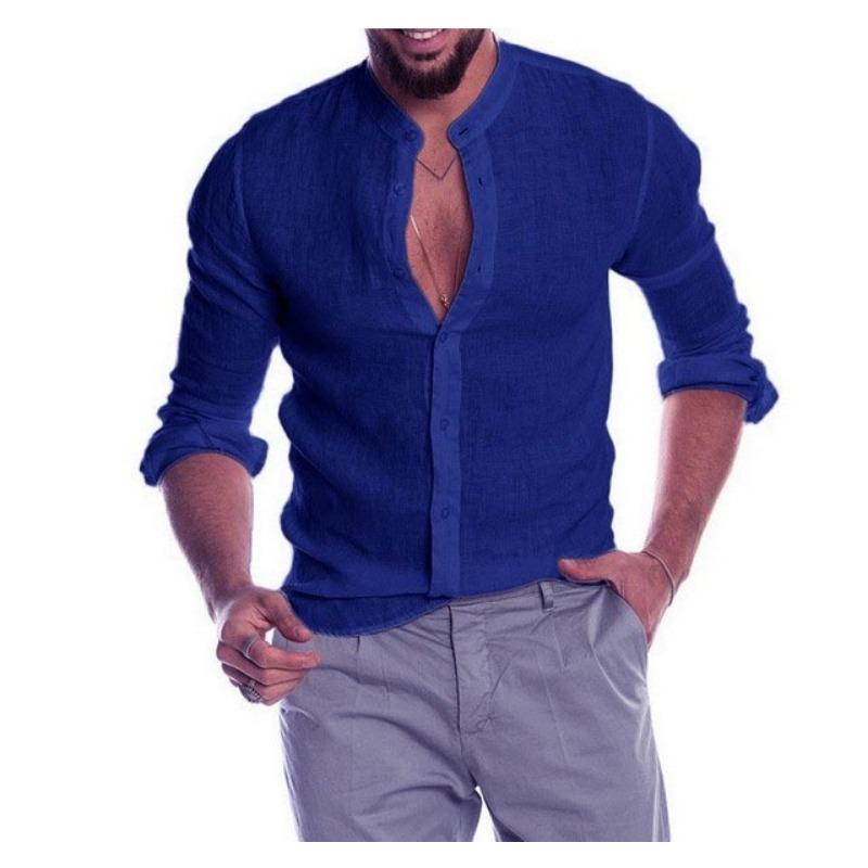 Men Stand Collar Full Button Long Sleeve Linen Shirt Rollable Cuffs Loose Fit Casual Daily Beach Vacation Top