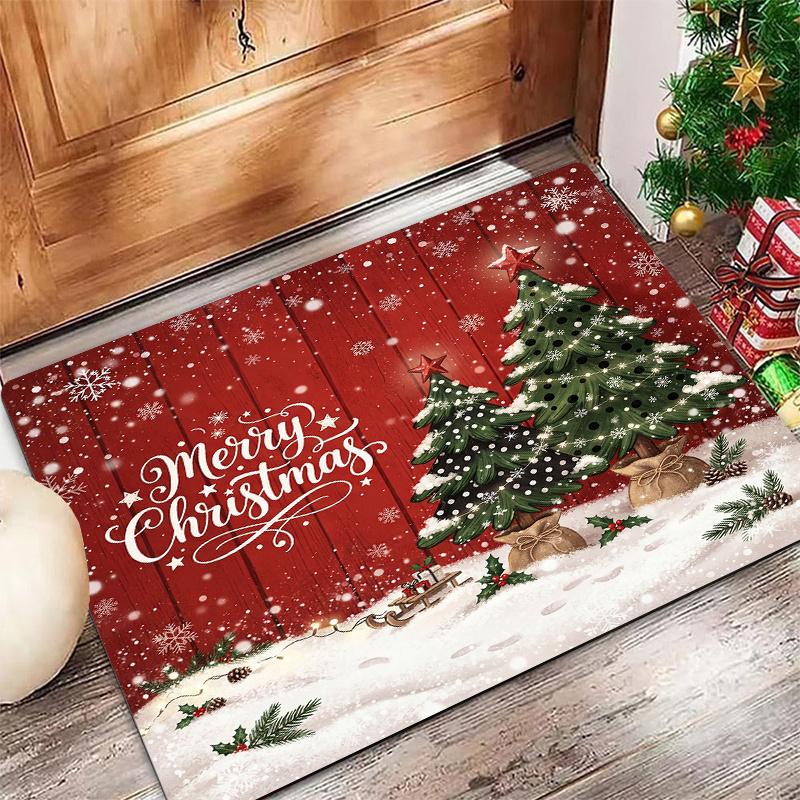 Retro Christmas Decor Rug Merry Christmas Snowman Tree Gift Design Floor Mat for Entry Hall Xmas Season Arrangement
