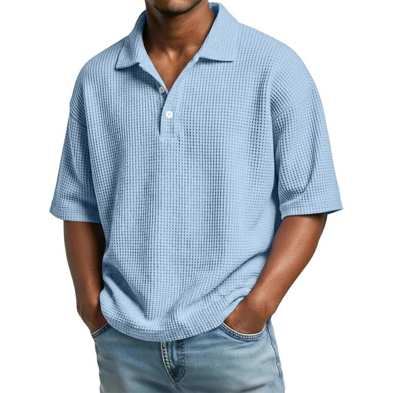 Men Waffle Knit Solid Color Short Sleeve Casual Loose Fit Polo Shirt