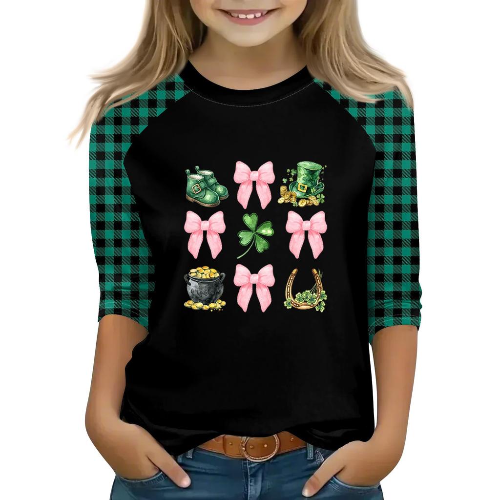 Oberteile für junge Mädchen von 4–16 Jahren, Rundhalsausschnitt, 3/4-Ärmel, T-Shirts, trendige Oberteile, Outfit-T-Shirts