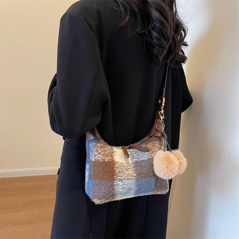 Modische Karotasche Damen 2025 neu wolliges Karomuster kontrastfarbig kleine quadratische Tasche hochwertig einzelne Schulter Umhängetasche