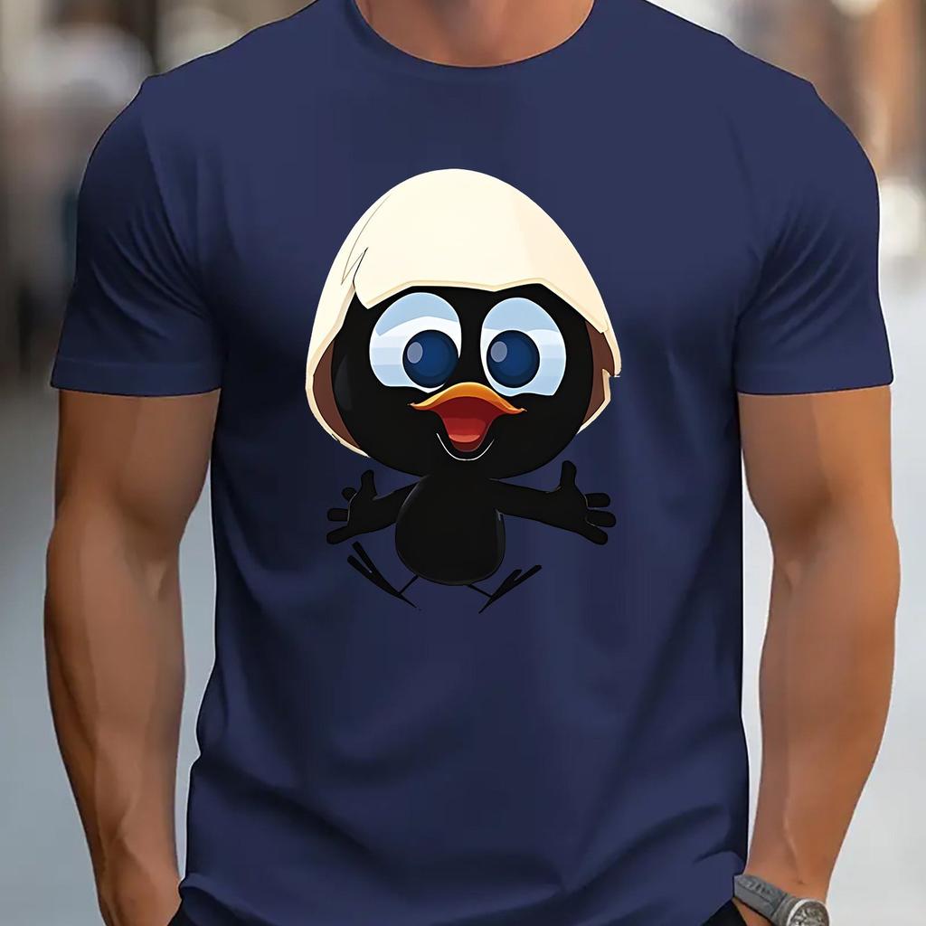 Men's Summer 100 Cotton Fashionable Casual Sports Loose and Interesting Cartoon Penguin Pattern Printed Round Neck Short Sleeved T-shirt