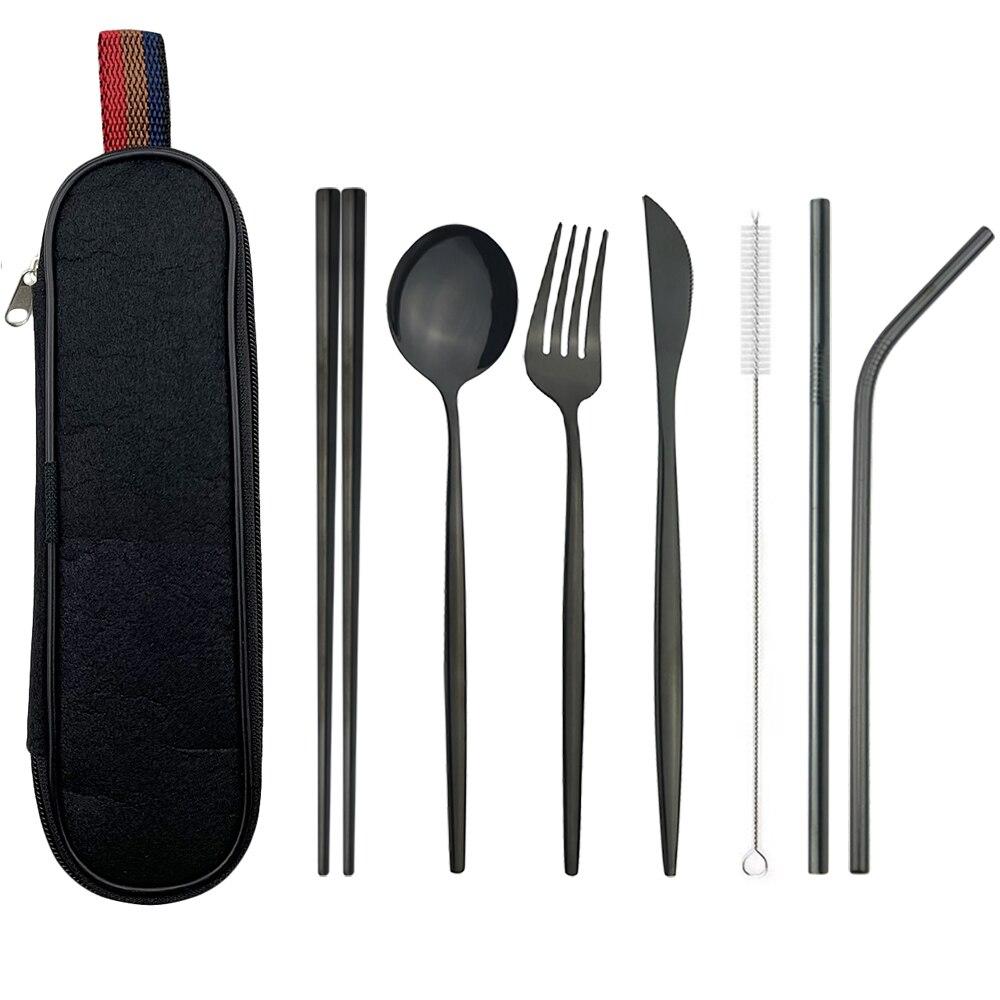Silver Dinnerware Set Travel Cutlery Set Reusable Silverware Straw Spoons Forks Chopsticks Kitchen Accessory with Bag