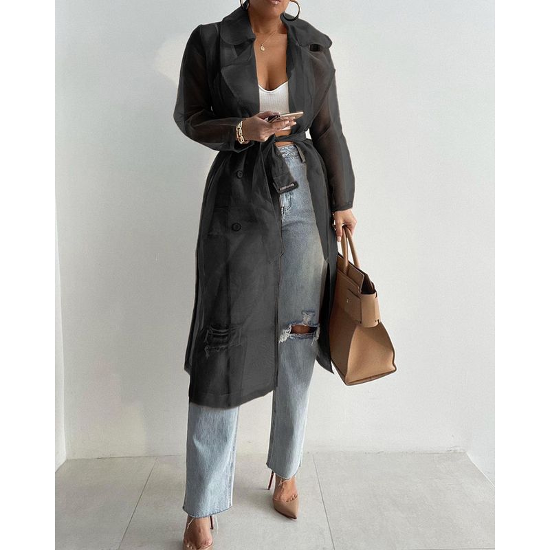 Women Casual Long Sleeve Coat Women Fashion Pure Color Perspective Outwear-with Belt