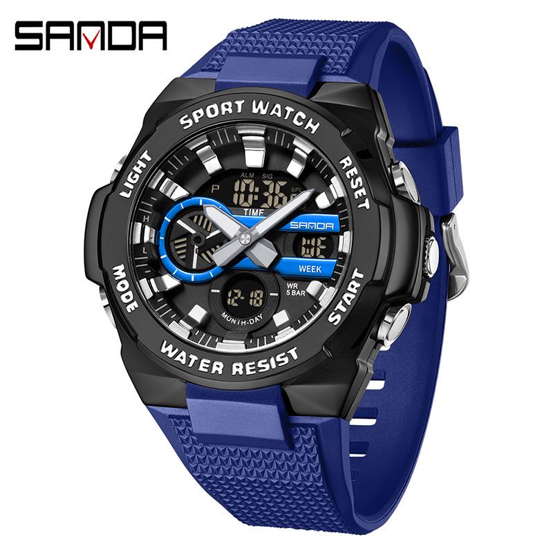 Sanda Men's Trendy Outdoor Sports Watch - Waterproof, Luminous, Multifunctional with Dual Display & Alarm.