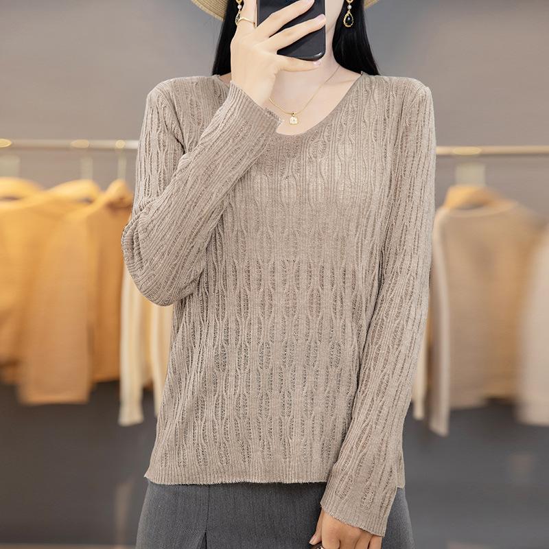 Autumn Thin Women's Fine Imitation V-neck Knitted Sweater Women's Long-sleeved Hollow Bottoming Shirt Women's Batch